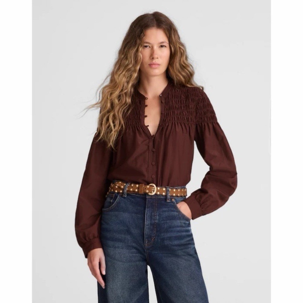 Madewell Top Smocked Cotton Silk Blend Brown Chocolate Raisin Sz XS Long Sleeve